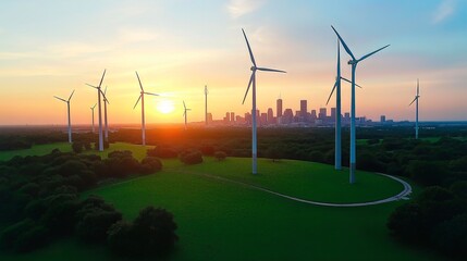 aerial view of wind turbines in sunset sky