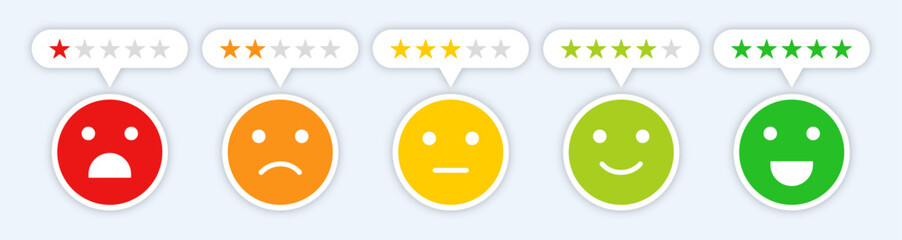 Set of rating emoji vector isolated. Emoji feedback icon with stars rating. Feedback rating emoji icon set in color. Flat design. Vector illustration.