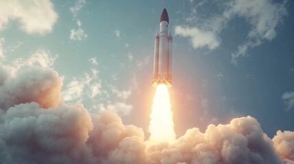 3D illustration of a rocket launching into the sky, symbolizing space exploration and military technology. AI generated illustration