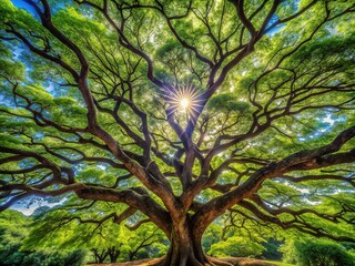 Fototapeta premium Aerial view of a sprawling rain tree, a symphony of green.