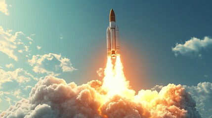 3D illustration of a rocket launching into the sky, symbolizing space exploration and military technology. AI generated illustration