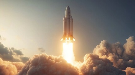 3D illustration of a rocket launching into the sky, symbolizing space exploration and military technology. AI generated illustration