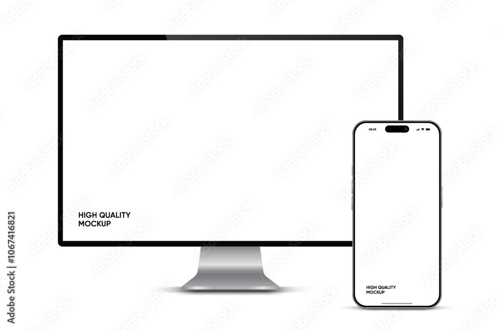 Poster Modern laptop mockup front view and high quality smartphone and tablet mockup isolated on white background. Notebook mockup and phone device mockup for ui ux app and website presentation.Stock Vector.