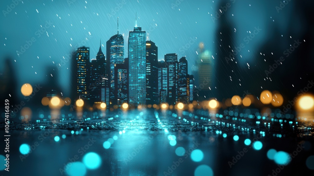 Poster futuristic cityscape with glowing data streams connecting buildings, representing a smart city and t