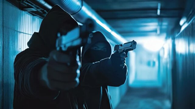 Pair of assailants holding guns pointing in dark corridor.