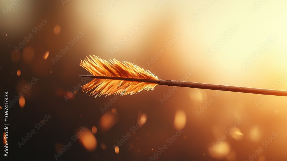 Poster an arrow flying through the air towards a target, with its feathers fanned out and a sense of speed 