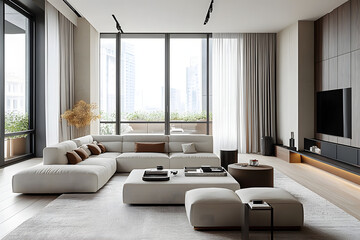 Fototapeta premium Minimalist home interior design of spacious modern living room with a sectional sofa and large windows.