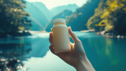 Hand holding vegan supplement in serene mountain landscape for health and wellness promotion