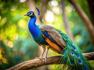 Obraz premium AI photo: stunning peacock on branch, captivating colours.