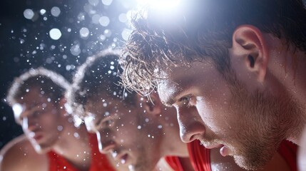 A team of basketball players huddling up during a timeout, listening intently to their coach instructions, with sweat dripping from their foreheads.