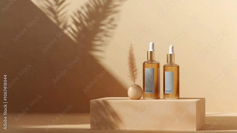 Poster elegant display of two amber glass bottles with droppers and a decorative element.