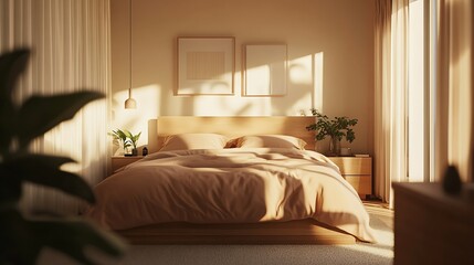 Modern Cozy Bedroom with Soft Lighting and Stylish Decor in a Tranquil Neutral Palette : Generative AI