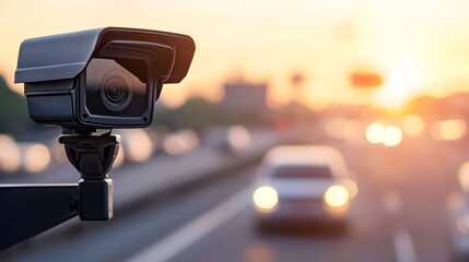Speed Camera Monitoring Fast Car on Sunset Highway - Capturing the Thrill of Speeding in a Serene Sunset Glow