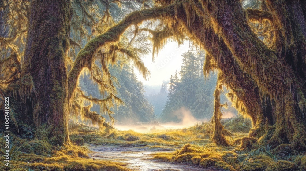 Poster sunbeams filter through moss-covered trees in a lush forest, illuminating a misty path leading into 