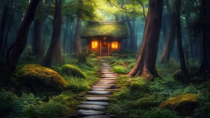 Obraz premium A small, moss-covered cottage with glowing windows sits at the end of a stone path leading through a misty forest.