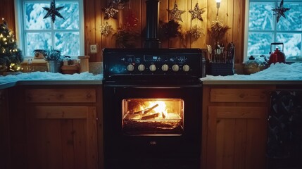 Wooden cabin kitchen with fire in the oven and winter scenery outside