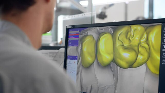 close up professional laboratory for production of dental protozoa veneers and crowns in a scanning machine dental impression to create a 3D model 360 degree rotation professional supervision