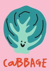 Cute cartoon cabbage. Vector children's illustration. A fun print. Fruit baby room poster.