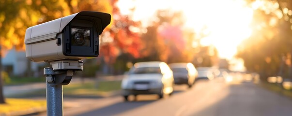 Speed Camera Captures Fast Car in Suburban Neighborhood - Dramatic Sunset Over Tree-Lined Streets Highlights Traffic Violations