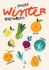 Cute cartoon winter fruits and vegetables. Vector children's illustration. A fun print. Baby room poster.