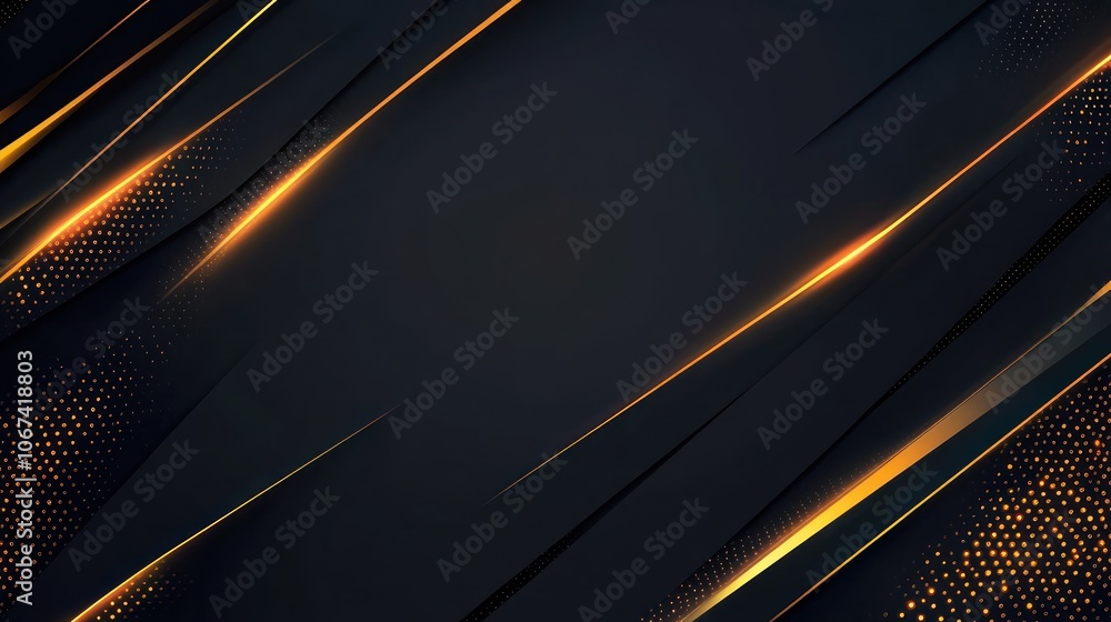 Poster abstract dark background with dynamic golden lines and dotted patterns.