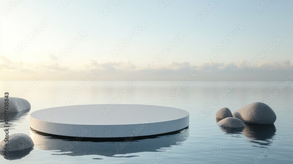 Poster a serene platform floating on calm water, surrounded by smooth stones under a soft sky.