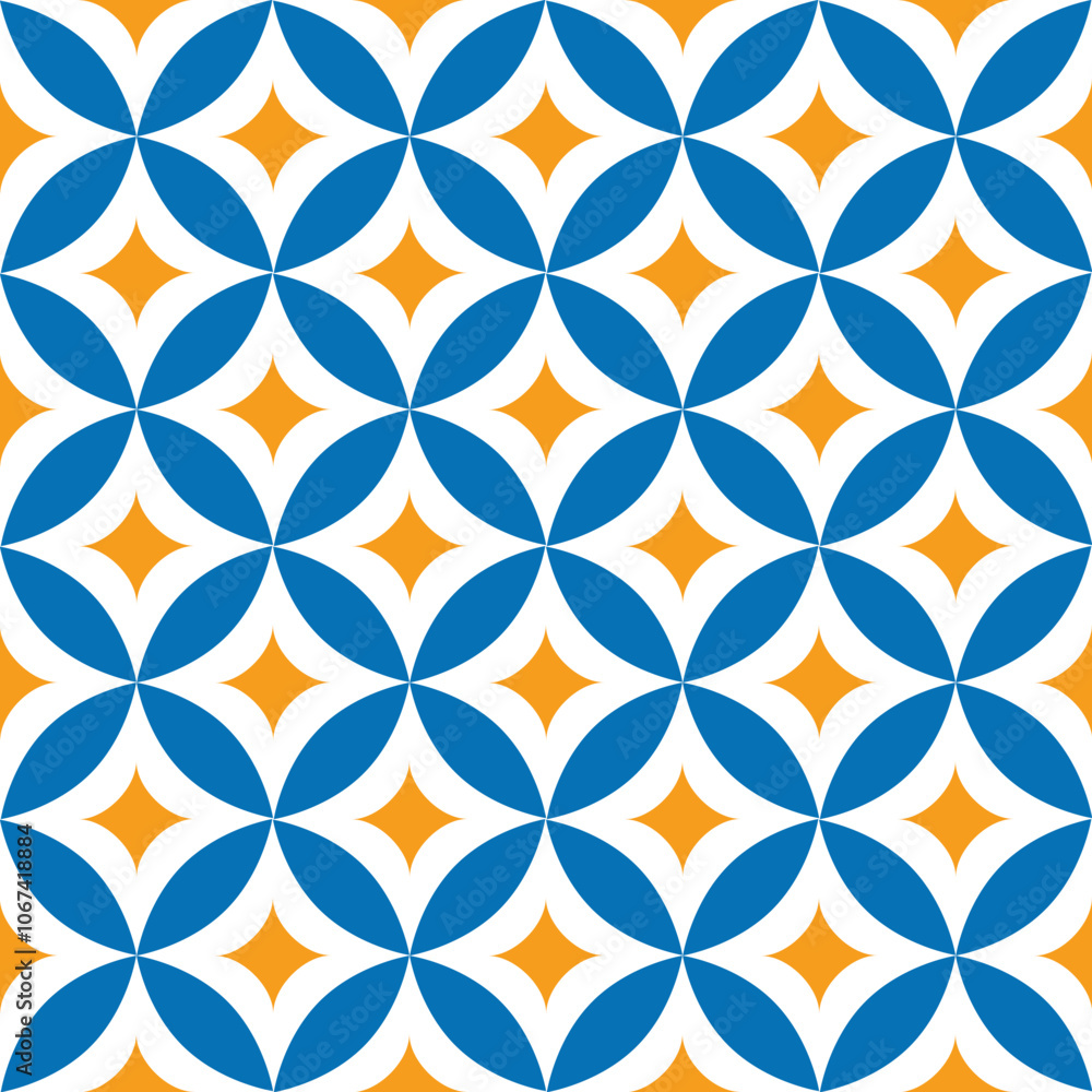 Poster interlocking blue and yellow quatrefoil shapes create a seamless and visually appealing pattern, sui