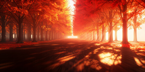 Naklejka premium A path lined with fiery autumn trees.