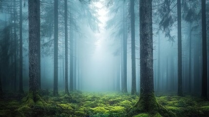 Obraz premium A path through a misty, evergreen forest leads to a bright opening.