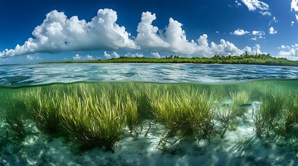 Underwater view of lush seagrass meadows near a tropical island, with vibrant clouds and clear blue sky above
