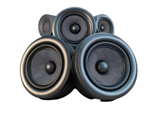 a group of speakers stacked together