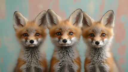 Obraz premium Three adorable foxes with fluffy fur and bright eyes are standing side by side against a soft, pastel background.