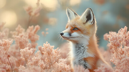 Obraz premium A charming red fox gazes softly amidst pink blossoms, capturing a serene moment in nature.