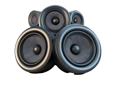 a group of speakers stacked together