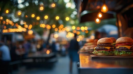 Vibrant food truck festival at night with delicious burgers on display, capturing the essence of street dining. AI generated illustration