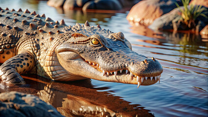Obraz premium A crocodile lounges at the water's edge, basking in the warm light of sunset, surrounded by smooth rocks and still water in a peaceful environment