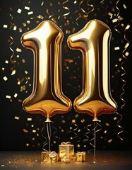Gold birthday / anniversary balloon, number 11, black background with confetti