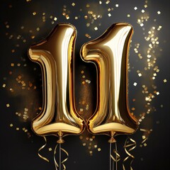 Gold birthday / anniversary balloon, number 11, black background with confetti