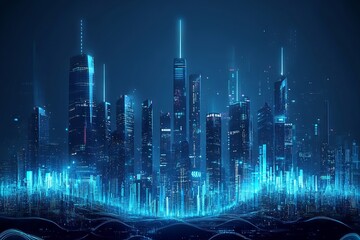 Obraz premium Futuristic city skyline illuminated at night, showcasing sound waves and data visualizations in a blue color theme. AI generated illustration