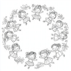 A joyful group of children dancing in a circle, coloring page for kids, simple outline illustration. Coloring book, simple lines.