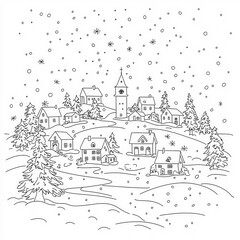 Fototapeta premium A snowy village with twinkling lights, coloring page for kids, simple outline illustration. Coloring book, simple lines.