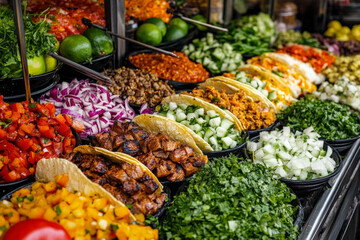 A Panoramic View Of A Lively Food Market Scene With Vendors Preparing Tacos Al Pastor, Showcasing The Juicy Meat On A Vertical Spit And Garnished With Fresh Toppings Like Onions And Cilantro