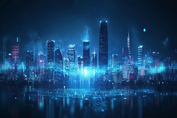 Futuristic city skyline illuminated at night, showcasing sound waves and data visualizations in a blue color theme. AI generated illustration
