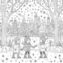 Naklejka premium A winter wonderland with skating children, coloring page for kids, simple outline illustration. Coloring book, simple lines.