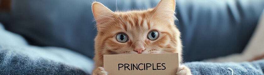 A cute ginger cat holding a sign with the word 'Principles', showcasing a playful yet thoughtful vibe in a cozy setting.