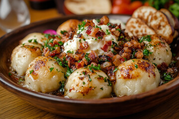A Traditional Slovak Dish Of Bryndzov?? Halu??ky, Featuring Potato Dumplings Topped With Sheep Cheese And Sprinkled With Crispy Bacon Bits, Served On A Rustic Plate