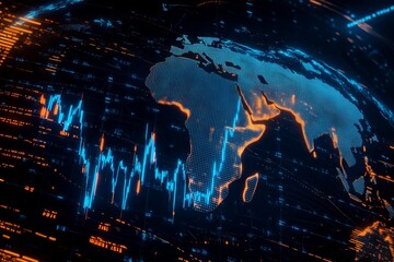 Upward-trending stock market chart over Earth with South Africa outline. AI generated illustration