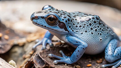 Obraz premium The blue frog sits among damp leaves in a lush tropical environment. Its striking blue skin contrasts with the earthy tones around, highlighting its natural beauty and habitat