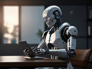 Fototapeta premium A highly detailed and realistic humanoid robot is sitting at a desk, focused on working on a tablet