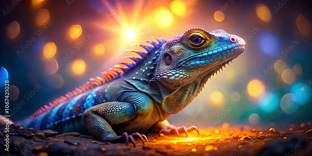 Poster the lizard displays vivid colors with shimmering scales while resting on a textured rock. magical li